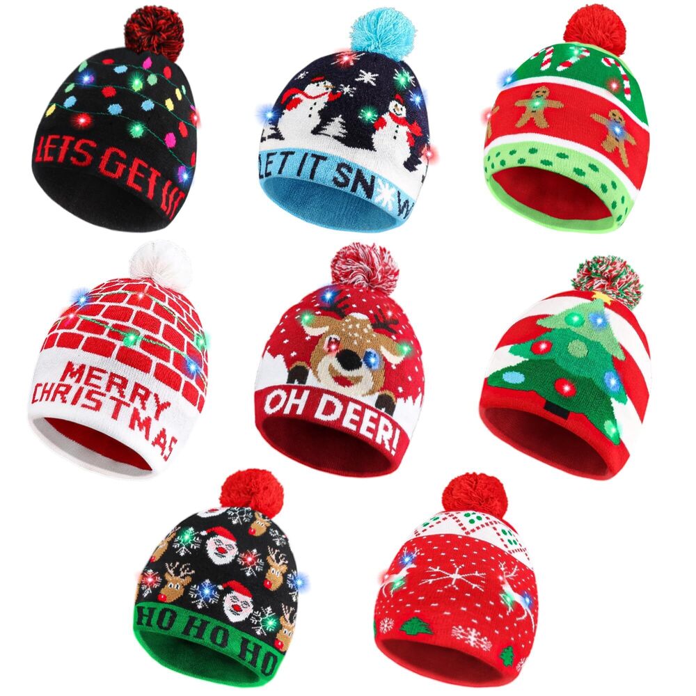 1064 8 Pack Light Up Christmas Hat, Christmas Knitted Beanie Hats, Xmas